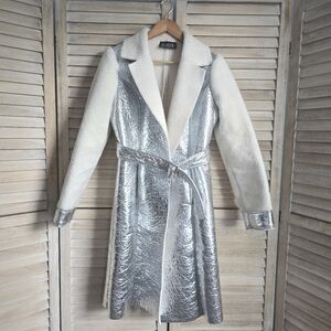 Rehab Silver Metallic & Cream Faux Shearling Trench Coat